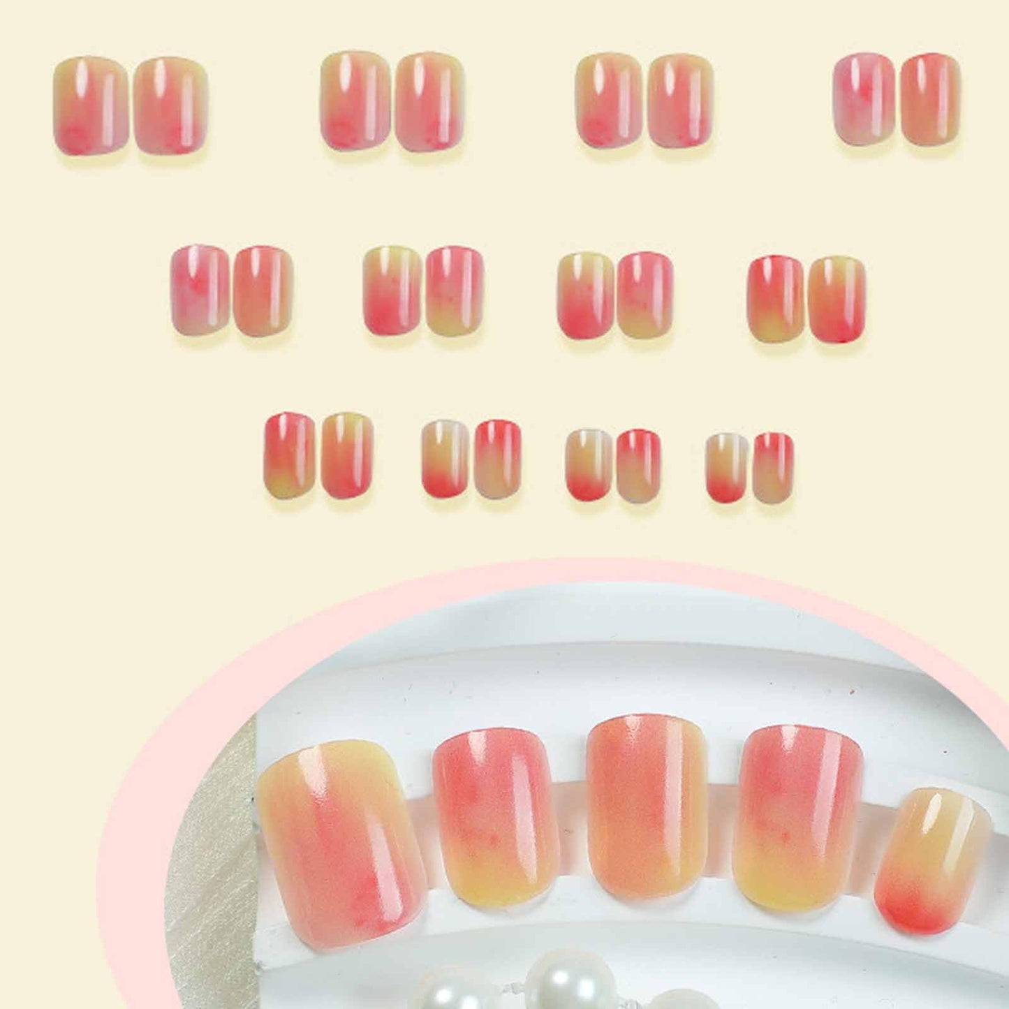 IMSOHOT Press on Nails Short Square Fake Nails Glossy Acrylic Full Cover Pink Yellow Ombre False Nails for Women Girls Summer Cute Glue on Nails 24Pcs