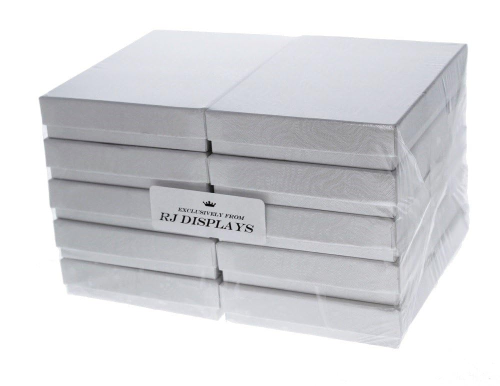 RJ Displays 10 Pack Cotton Filled White Jewelry Gift Boxes with Lid for Pendant, Necklace, Bracelet, Earrings & Brooch, Elegant Jewelry Packaging, Retail Display & Small Gift Box 5.25" x 3.75" x 1"