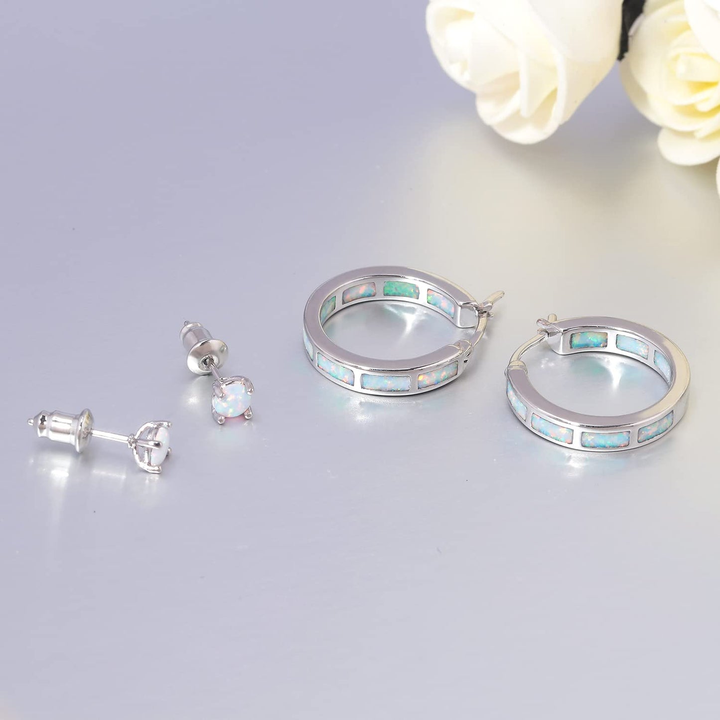 CiNily 2 Pairs Hoop Earring Set for Women Blue Opal Small Hoop Earring Silver Plated Hypoallergenic Opal Stud Earrings