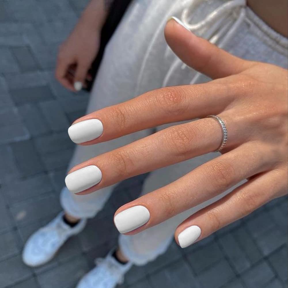 Matte White Press On Nails Short Square, KXAMELIE Gel Nails Glue on Acrylic Nails Press ons Featured Protective Coat Thick Reusable Fake Nails Solid Color 24 Short Coffin Artificial Nails