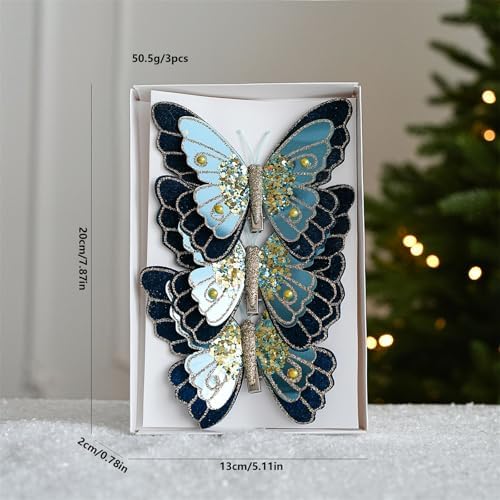 LEBETE Pack of 3 Double Layer Butterfly Christmas Tree Clips Accessory Elegant Fabric Ornaments for Holiday Decorations