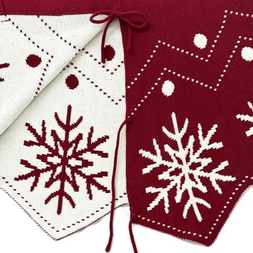 36-Inch Reversible Knit Tree Skirt with Christmas Star–Inspired Pointed Edge Border and Lace-Up Closures, Machine Washable Thick Acrylic Yarn, Burgundy & White