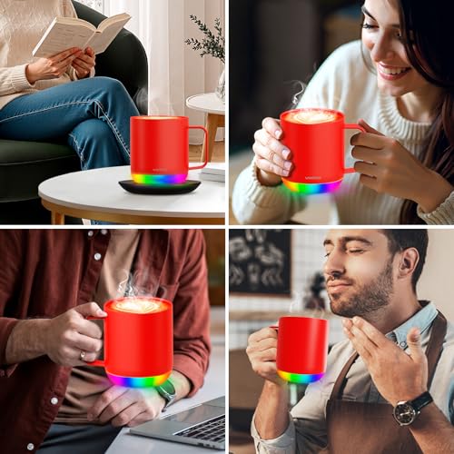 Vsitoo S6 Plus Smart Coffee Mug, 12oz,Temperature Controlled Mug & Electric Coffee Mug with Music Sync Lights，Auto-Sensing AI Heats Drinks to 120-150°F Hands-Free. Ideal for Home/Office/Gifts - Red - color: Red