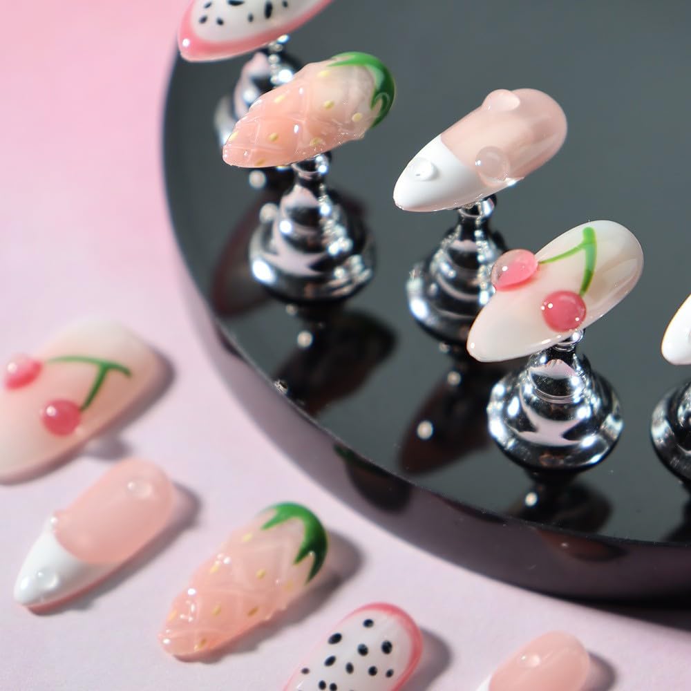 LIFOOST Handmade Press On Nails Medium Almond French False Nail Tips, 3D Pink Fruit Design 10pcs Reusable 3D Cartoon Glue On Acrylic Fake Nails