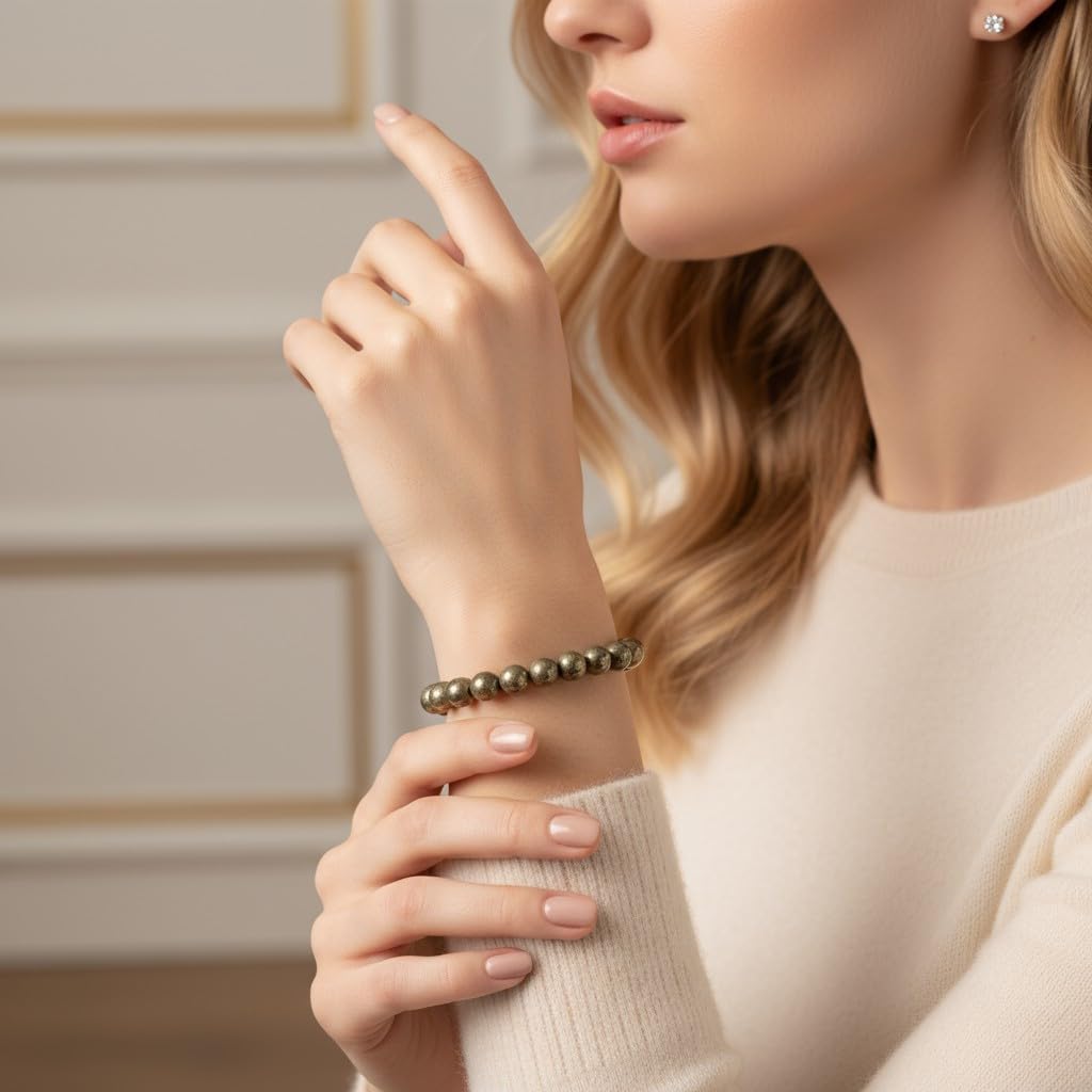 The Vida Handmade AAA+ Quality Crystal Stretch Elastic Bracelet - Nature Gemstone - Jewelry Gift - Holiday Gift - For Women & Men (Pyrite)