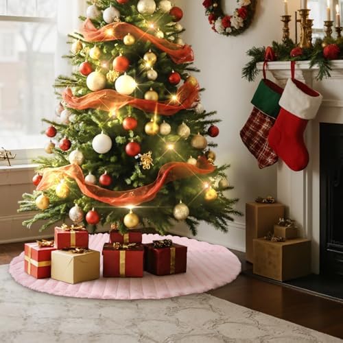 Lanpn Christmas Tree Skirt 48 inch, Faux Fur Xmas Tree Skirt Plush Winter Christmas Tree Mat for Large Artificial Trees Winter Home Party Holiday Indoor Xmas Decorations (Pink, 120cm)