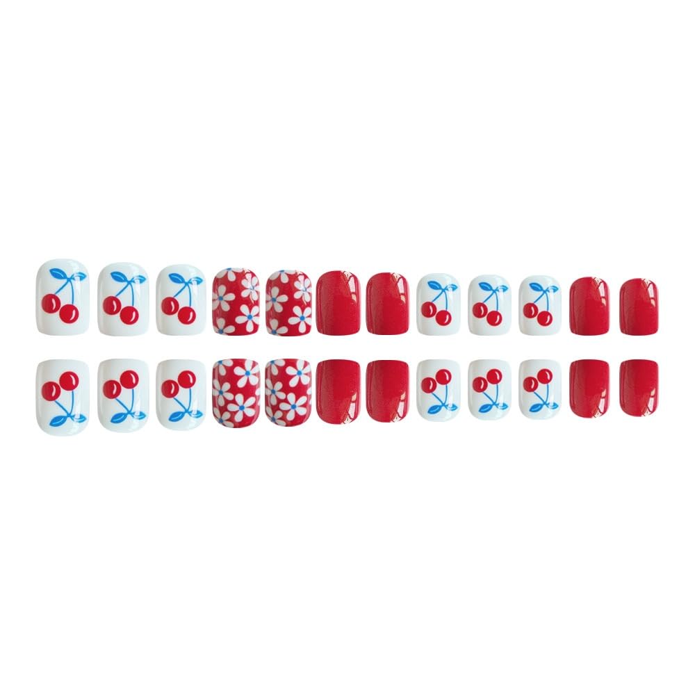 Flower Press on Nails Short Square Fake Nails with Flower Cherry Design Glossy Red Glue on Nails Floral Nails Press ons Reusable Full Cover Spring Summer Acrylic Nails for Women Manicure 24Pcs