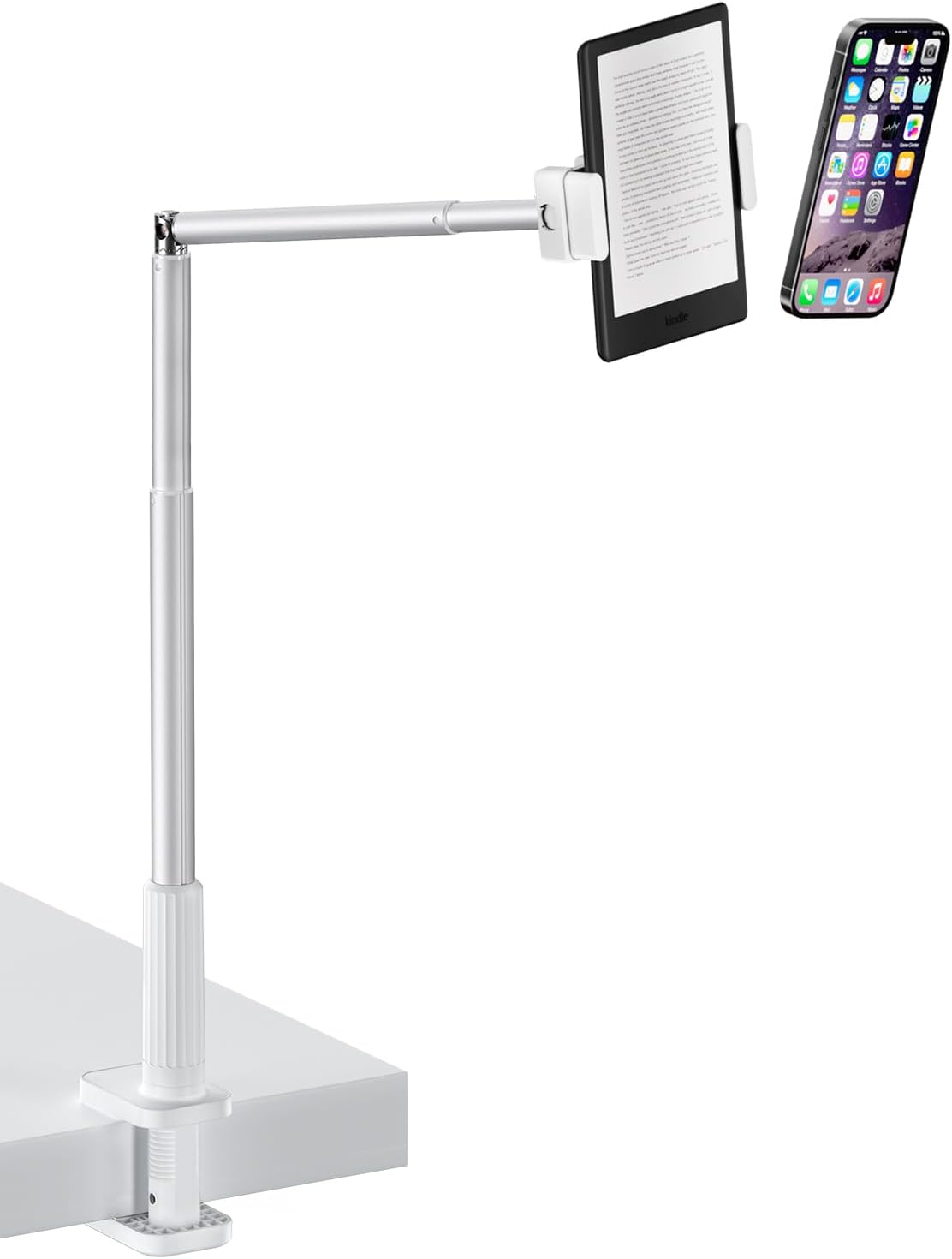 Viozon Tablet Holder Stand, Phone/Kindle Holder with Flexible Aluminum Alloy Long Arm, C Clamp for Headboard Bedside&Table, Compatible with 3.5-11" iPad,Kindle, iPhone 15 14 Plus/Pro Max,W