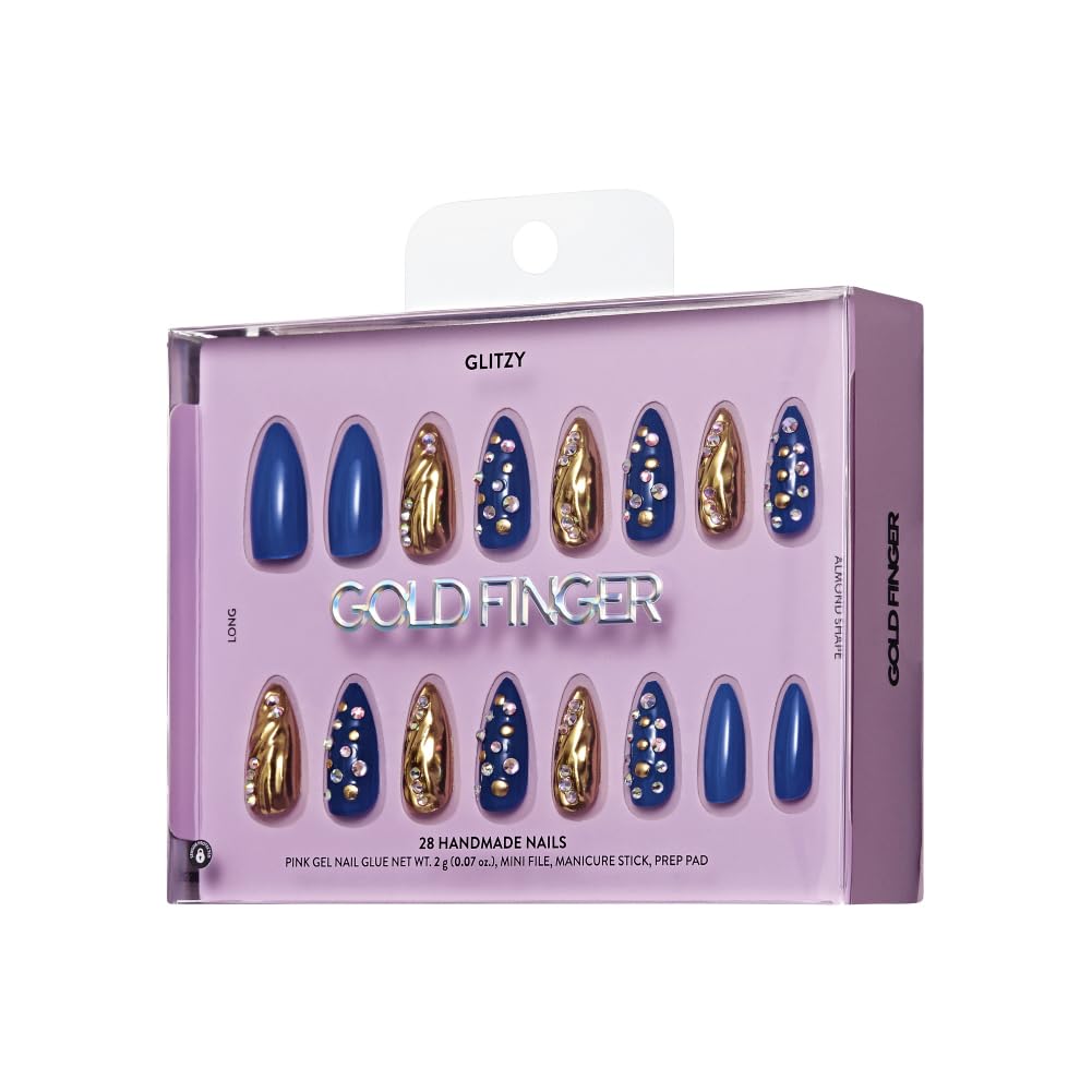 Glitzy 3D Handmade Press On Nail Kit, Rhinestone Gem Blue Gold Chrome Long Almond False Nail, Reusable & Lasts Up To 2 Weeks, Seamless Snug Fit Technology, Includes Glue, File & 28Pcs Manicure Set