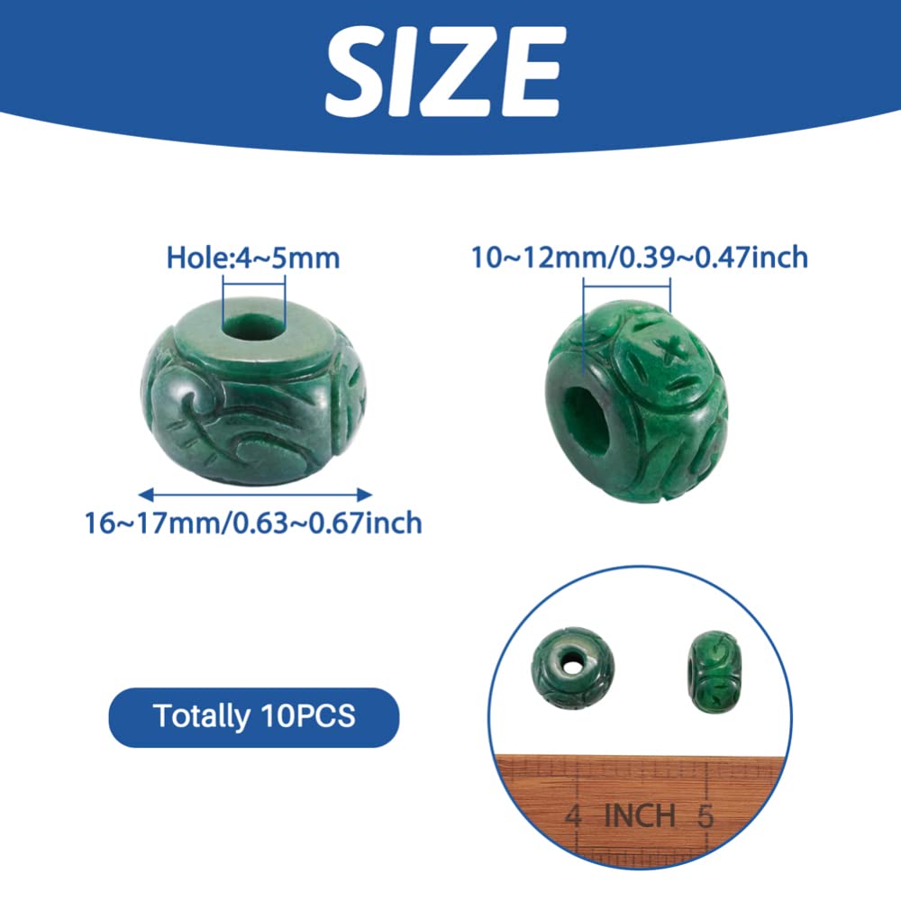 Fashewelry 10Pcs Natural Myanmar Jade Stone Large Hole Beads Rondelle Engraving Gemstone European Charm Beads Drum Shape Healing Chakra Gems Loose Spacers for Jewelry Making 4-5mm Hole