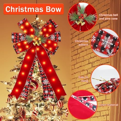 2 Pcs LED Large Red Christmas Bows Decorations, 20” X 12” Red Bow Linen Wreath with Bow Bells, Berry, Pine Cones for Christmas Tree Topper Outdoor Indoor Home Front Door Decor, 40 Warm Lights