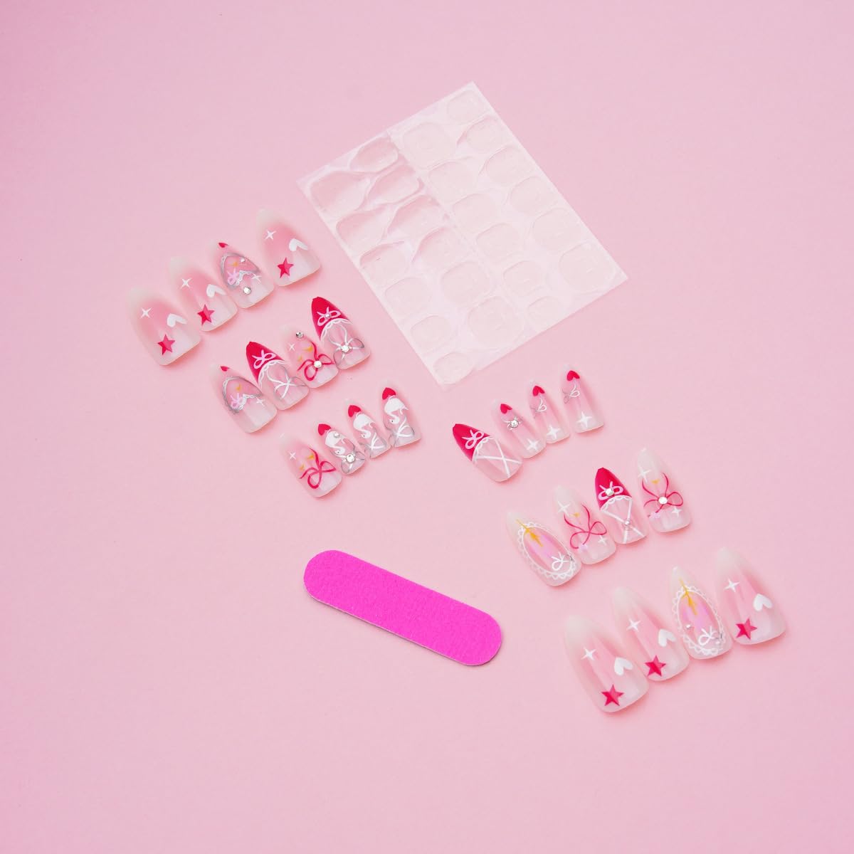 24Pcs Pink French Tip Press on Nails Medium Almond Fake Nails with Pearl Rhinestones Design Heart Star False Nail Cute Bow Stick on Nails Summer Glue on Nails Pink Gradient Acrylic Nail for Women Gift