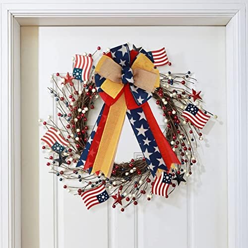 Meseey 1 Pcs Large Red and Blue Patriotic Bow Yellow Deployment of Troops Ribbon Bow for Bunting Wreath Holiday Independence Day 4th of July Party Door Wall Decoration (Patriotic)