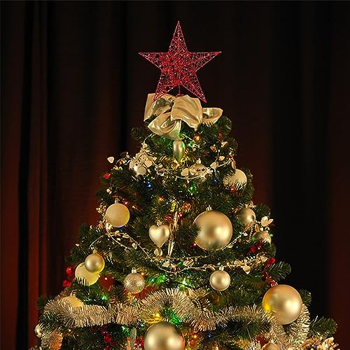 DERAYEE Christmas Star Tree Topper, Xmas Red Glittered Treetop Metal Hollow Tree Star for Christmas Tree Decorations, Holiday Party Indoor Decor