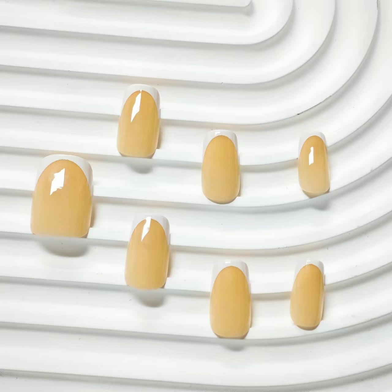 French Tip Press on Nails White Fake Nails Short Square False Nail Nude Glue on Nails Glossy Acrylic Full Cover Stick on Nail for Women DIY Nail Art Decoration 24pcs