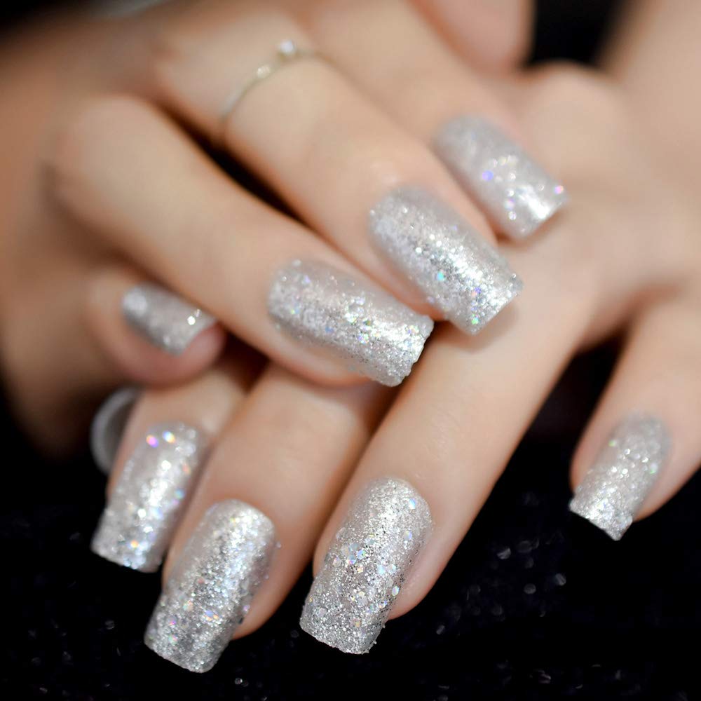 IKISKT Press On Nails - Shiny Glitter Tips | Bright Sliver White Gel Tip l UV Medium Square False Fake Nails, Reusable Glue | 10 Sizes - 24 Nail Kit