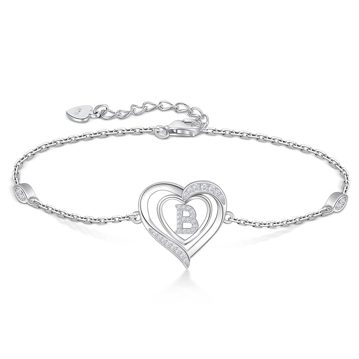 RIVIKO Heart Initial Bracelets for Women,925 Sterling Silver Letter B Bracelets,Personalized Charm Alphabet Jewelry Anniversary Valentines Birthday Gifts for Women Her Mom Wife Lady
