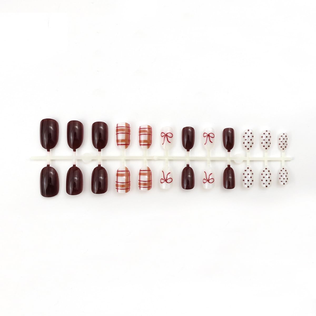Fall Winter Press on Nails Short Oval Fake Nails Press ons with Plaid,Bow,Polka Dots Design Full Cover Stick on Nails for Women Manicure,Reusable | Artificial | Nail Sticky Tabs | Easy Apply | 24Pcs