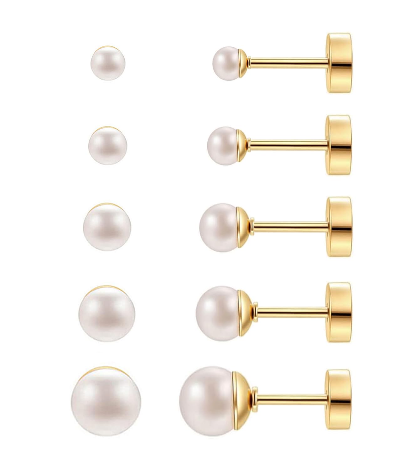 Gold Pearl Stud Earrings for Women Flat Back, 20G Hypoallergenic Surgical Steel Piercing Studs for Sensitive Ear, Lightweight Shiny Earrings Studs for Helix Tragus Cartilage Multiple Piercing