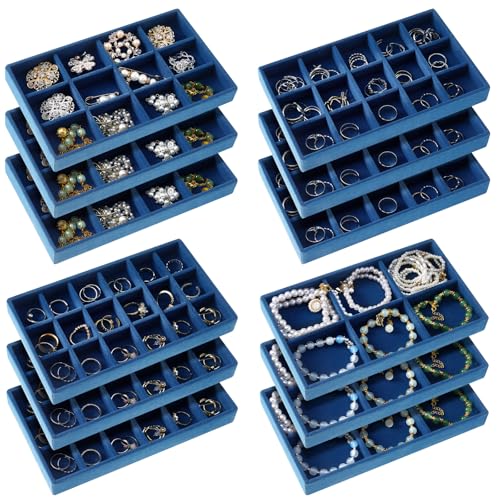 Junkin 12 Pcs Jewelry Tray Velvet Stackable Jewelry Organizer Trays Divided Earring Accessories Storage Containers Box (Rose Red) - color: Peacock Blue