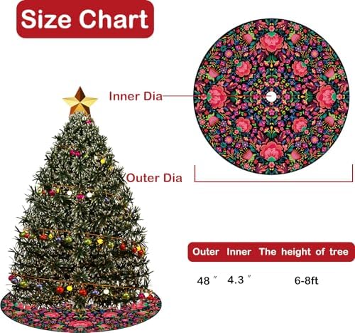 Mexican Flowers Christmas Tree Skirt 48 Inch Xmas Tree Mat Party Decor with Mexican Flowers Red Christmas Decorations Ornaments for Winter Holiday Decor