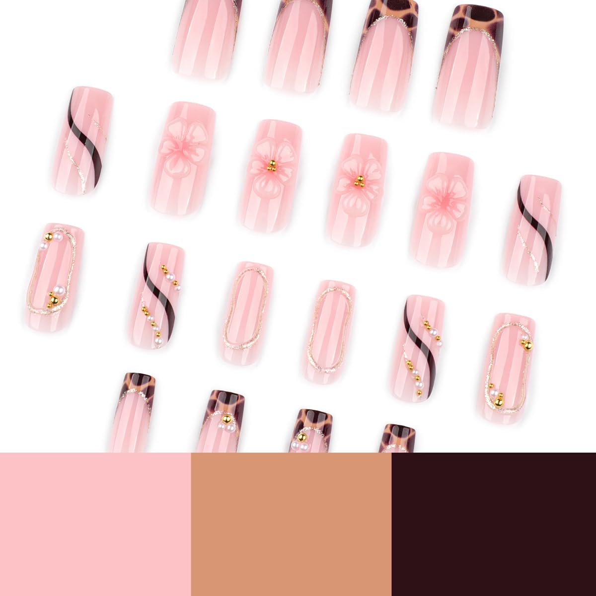 Pink Press on Nails Medium Square Nails Press ons with 3D Flower & Pearl Chain Design French Tip Fake Nails Reusable Full Cover Glue on Nails for Women Manicure Kit 24Pcs