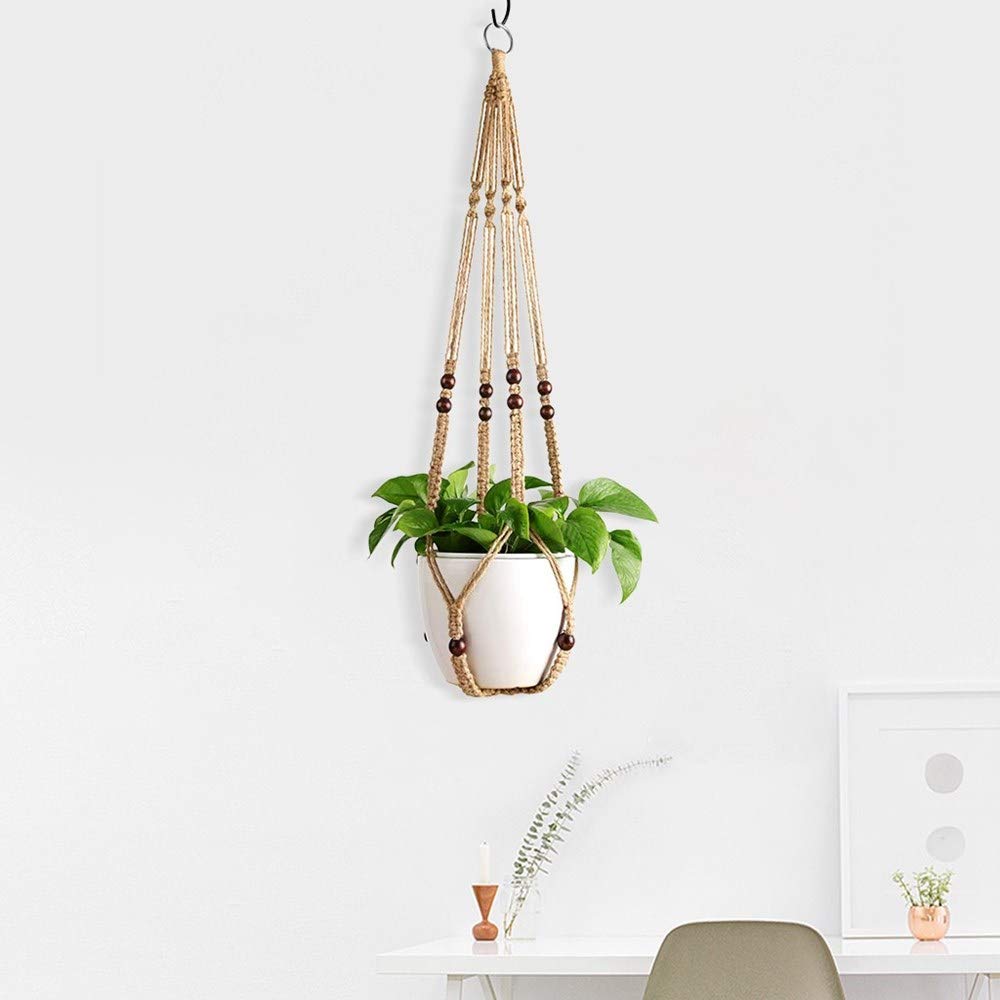 HTCWMD Macrame Plant Hangers Indoor 36'' Hanging Planter Basket Flower Pot Holder with Beads No Tassels.Brown 2 Packs 4 Pcs Hooks