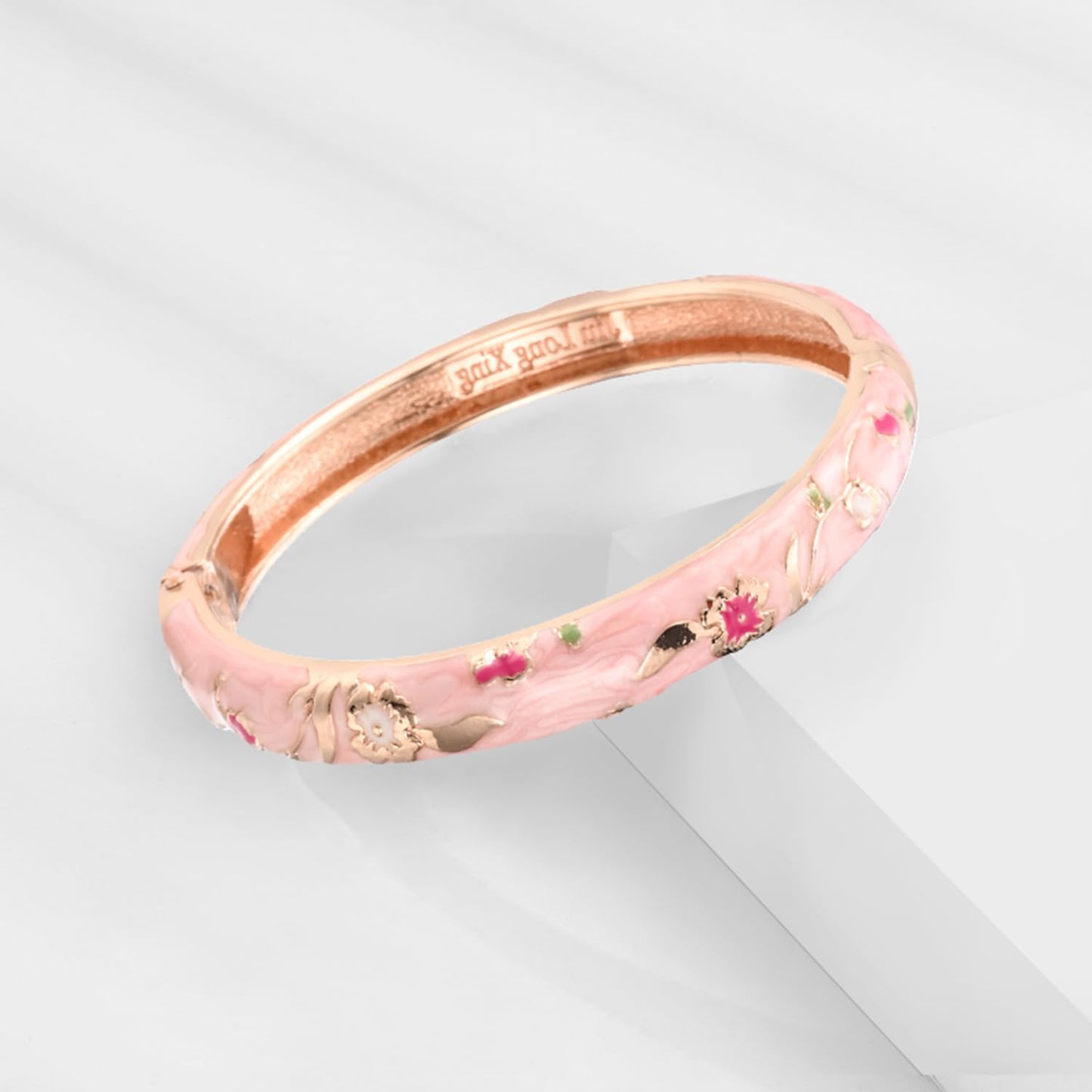 UJOY Womens Enameled Cloisonne Bracelet Gold Plated Flower Enameled Hinged Cuff Bangles Jewelry Gift 55A-3PCS Pink