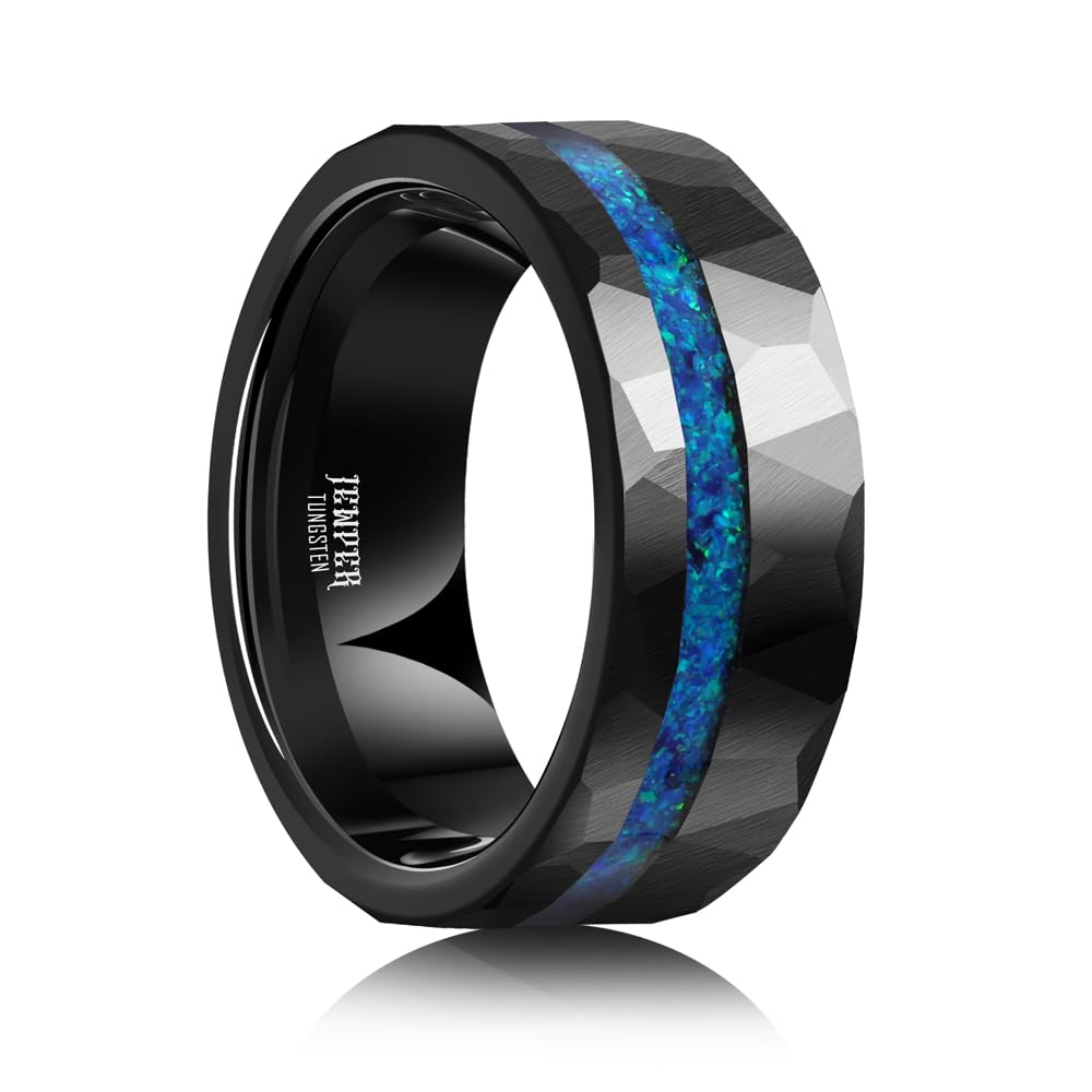 JEWPER 8mm Men Womens Wedding Band Tungsten Rings Black Blue Hammer pattern Fashion Promise Carbide Inlaid Opal Matte Finish Edge Comfort Fit Size(13)
