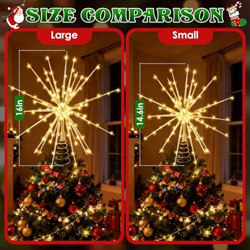 Meonum LED Starburst Christmas Tree Topper with Timer, Golden, 16inch