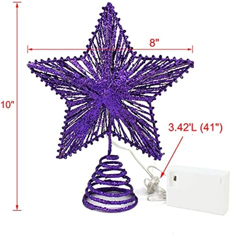 CVHOMEDECO. Purple Glittered 3D Tree Top Star with Warm White LED Lights and Timer for Christmas Tree Decoration and Holiday Seasonal D??cor, 8 x 10 Inch
