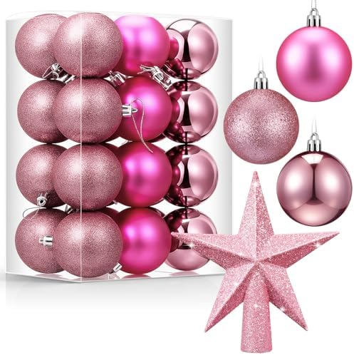 RoundFunny 25 Pcs Mini Christmas Balls Ornaments Set 2.36 Inch Christmas Day Ball Topper Star Tree Hanging Ornaments for Party Decoration(Pink)