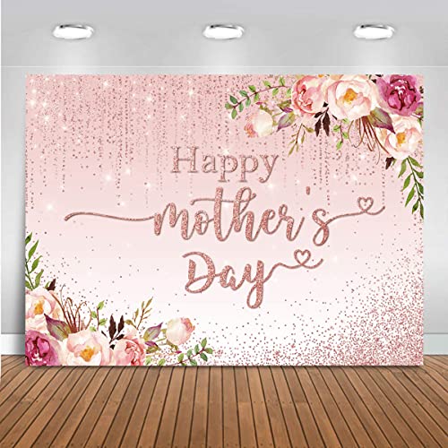 Mocsicka Mothers Day Backdrop Banner 7x5ft Pink Floral Happy Mothers Day Backdrop Decorations Thanks Mother's Day Photo Background Banner Party Decorations - size: 7x5ft