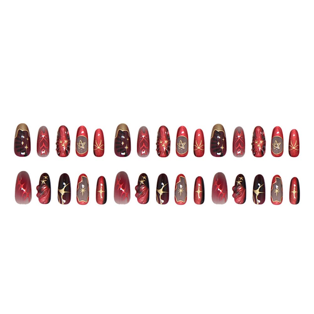 24 Pcs Summer Press on Nails Short Almond,MINGCHUN Red Fake Nails Press ons Acrylic Nail Art Tips Kit Full Cover False Nails Glue on Nails with 3D Texture Starburst Design for Women Nail Supplies