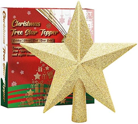 URATOT Glittered Christmas Star Tree Topper Christmas Decorative Holiday Treetop Shatterproof Star Ornament for Holiday Christmas Tree Decoration, Gold, 4 Inch