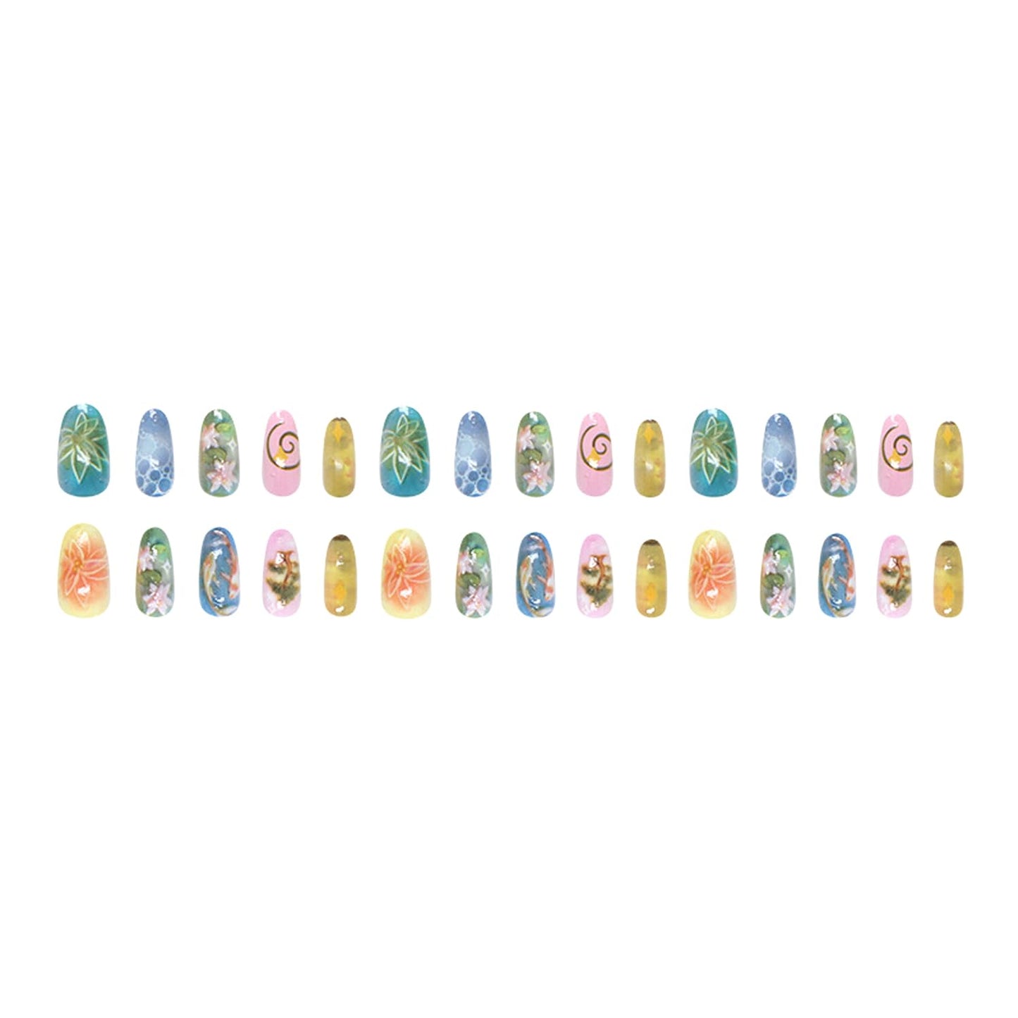 30Pcs Lotus Flower Press on Nails Medium Almond Fake Nails with 3D Koi Fish Lotus Leaf Design Star False Nails Natural Floral Glue on Nail Glossy Full Cover Spring Summer Artificial Nails for Women