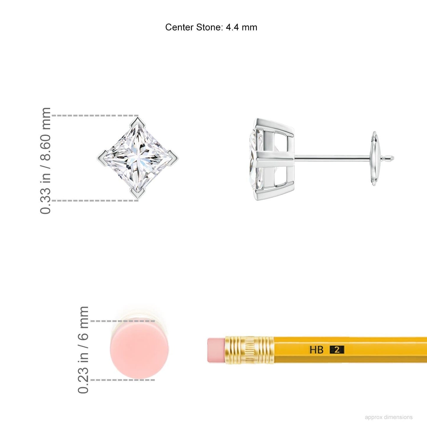 Princess-Cut Lab-Grown Diamond Stud Earrings V-Prong Set in Silver (1 carat, 4.4mm, Color-H, Clarity-SI2)