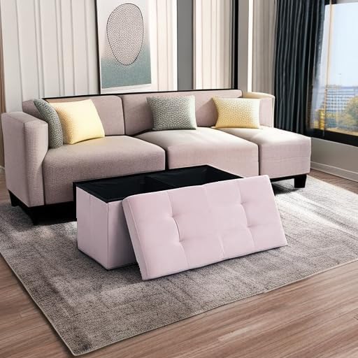 CUYOCA Storage Ottoman Bench Foldable Seat Footrest Shoe Bench End of Bed Storage with Flipping Lid, 75L Storage Space, 30 inches Velvet Pink