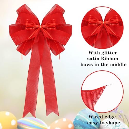 2 Packs Large Red Valentines Wreath Bows, Large Easter Spring Tree Topper Bow for Christmas Tree, Easter Bow, Valentine Decoration Home Front Door Outdoor Decor (12x20in)