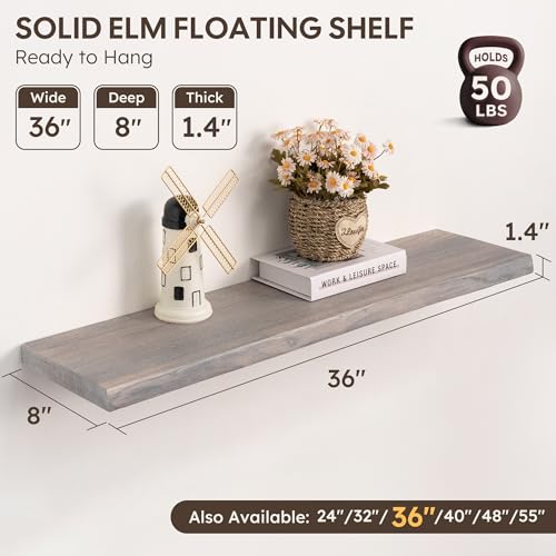Live Edge Floating Shelves Set of 2, 36 Inch Solid Elm Wood Wall Shelves - Invisible Bracket Mount for Living Room, Bedroom, Kitchen, Bathroom | Weathered Gray - color: Driftwood Gray, size: 36"L, 2-Pack