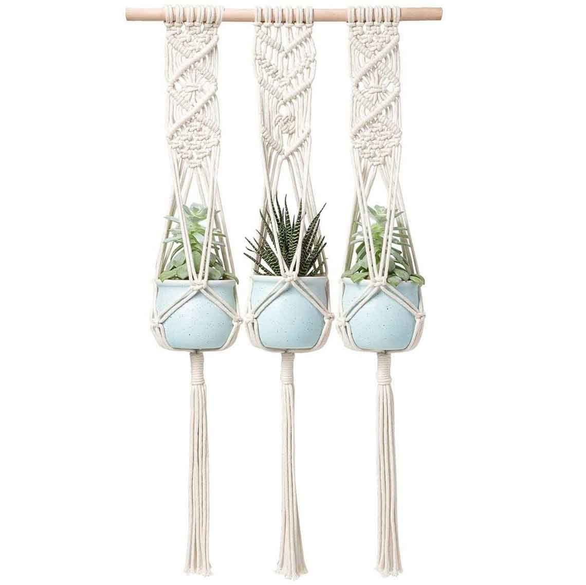 JOIZPAPA Macrame Plant Hanging Planter Hanger with Wood Dowel Cotton Rope Triple Wall Home Decor 33 Inch