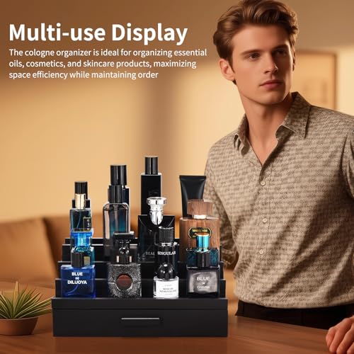 Perfume Organizer for Men, 4 Tier Wood Perfume Display Stand with Velvet Lining Drawer and Hidden Compartment for Watch,Jewelry,Perfume Display Risers,A Gift for Men (Black) - style: 4 Tier - Black