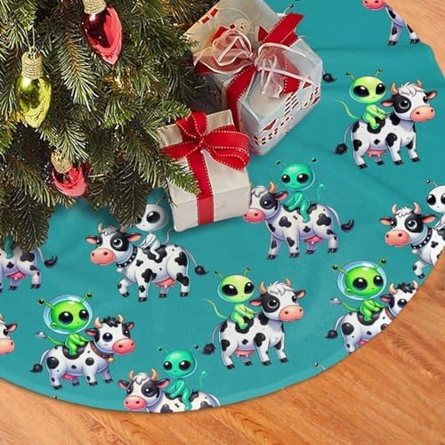 Cute Cows and Aliens Christmas Tree Skirt, 30 inches Chicken Tree Skirts Xmas Mat Farmhouse Holiday Party New Year Supplies Ornaments Decorations for Mini Small Pencil Big Trees
