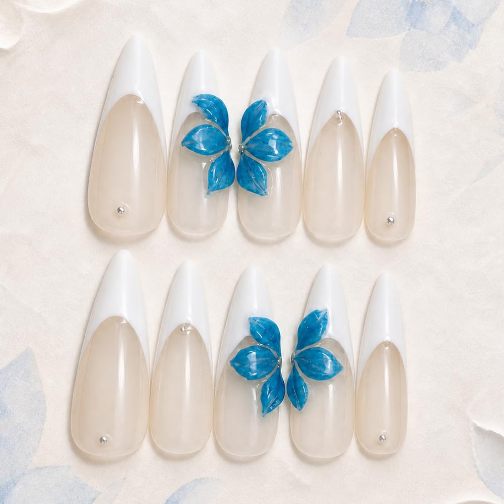 2IM Studio Handmade Press On Nails – 10 Piece Soft Gel Nail Kit with Glue & Tool Set, Reusable Artisan Nails, Salon-Quality Finish (Blue Blossom-M)