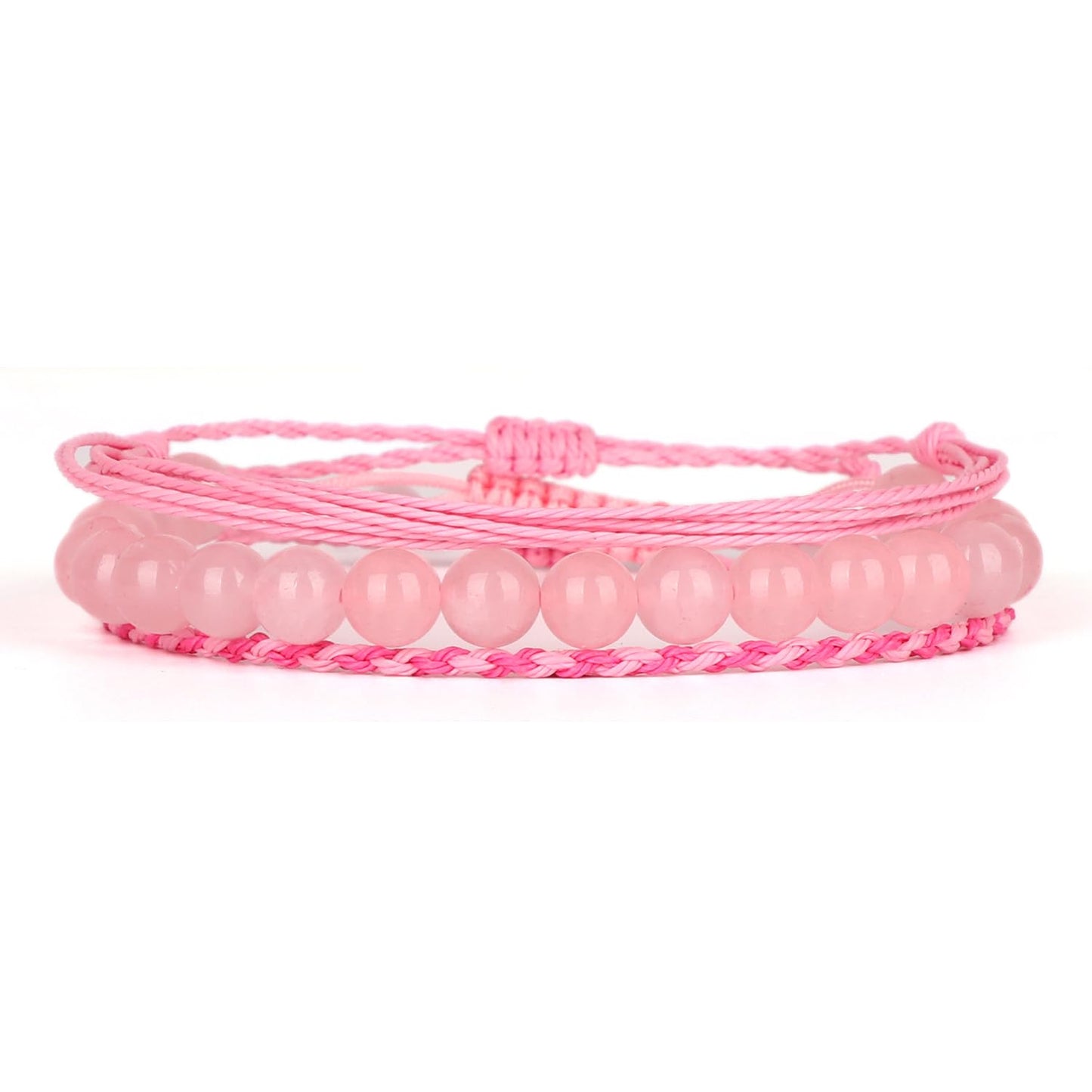 QOGIR Handmade Healing Bracelets,8mm Natural Rose Quartz Gem Stone Beads Bracelet,for Men Women Gifts with 2PCS Size Adjustable Rope Bracelets