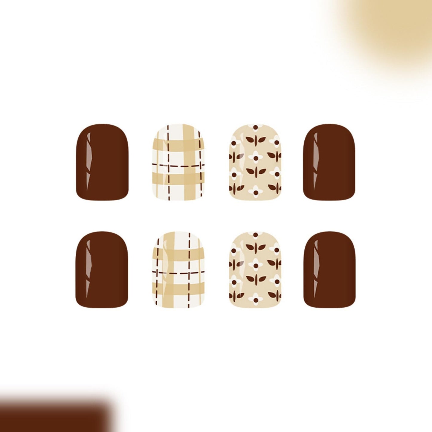 Short Square Press on Nails Rich Coffee Brown Creamy Beige Base Plaid Speckled Motifs Glossy Finish Casual Manicure Stick on Nails Suitable for Elegant Unique Artificial Nails Stylish Charming 24 Pcs