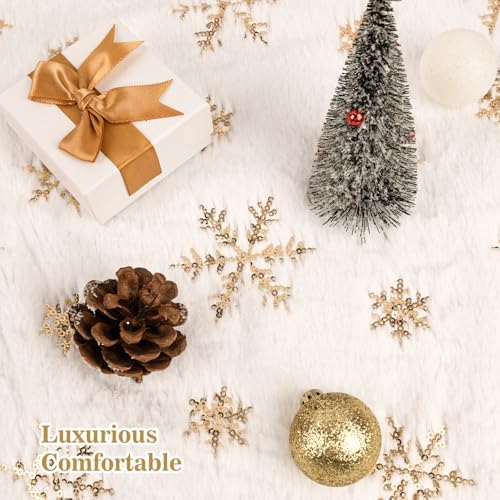 30" White Plush Faux Fur Christmas Tree Skirt with Gold Sequin Snowflakes