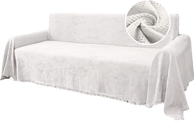 H.VERSAILTEX Cotton Sofa Covers Couch Cover Sofa Slipcover for Most Shape Sofas, Feature Thick Woven Jacquard Seamless with Tassels, Multi-Use Decorative for Couch (XX-Large: 91" x 134", White)