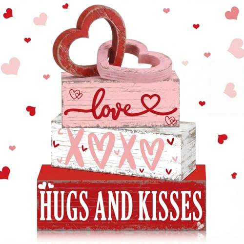 GlikCeil 4 Pcs Valentine's Day Table Sign Tiered Tray Decor Valentine's Day Love Heart Table Wood Block Decorations Centerpieces Farmhouse Rustic Hug and Kisses Decor for Home Office Desk Shelf Supply - style: Love