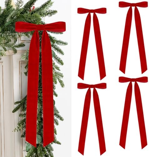 Velvet Bows for Christmas Tree Pack of 4 Large Rustic Crafts Gift Wreath Bow Ornaments for Xmas Topper Staircase Home Wedding Outdoor Interior Decor, 2" Width, 23 x 8.7 Inch (4, Red)
